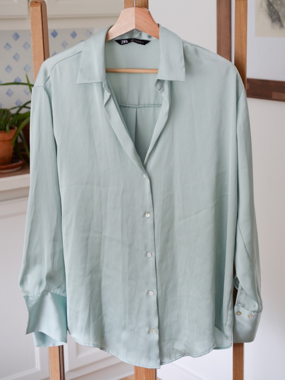ZARA Mint Green Satin Effect Shirt Oversized Fluid Button Down Blouse